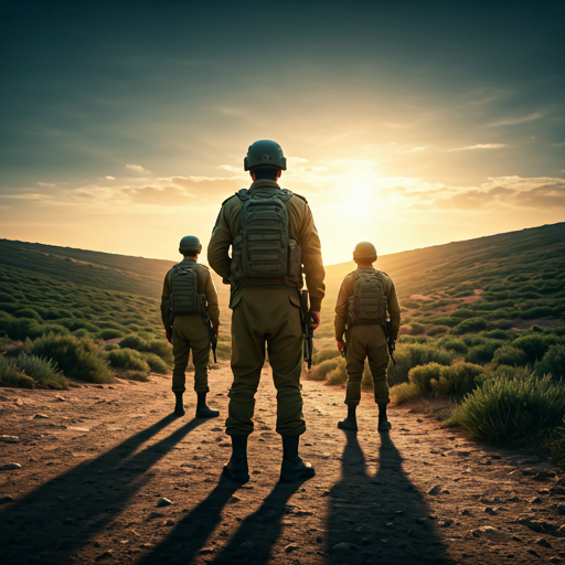Soldiers looking out over the northern border hills at sunset